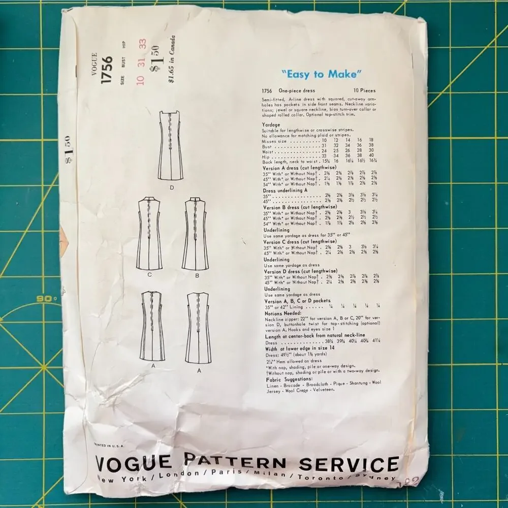 Vogue Easy To Make Basic Dress #1756 Size 16 Vintage Pattern 1960s Retro MCM